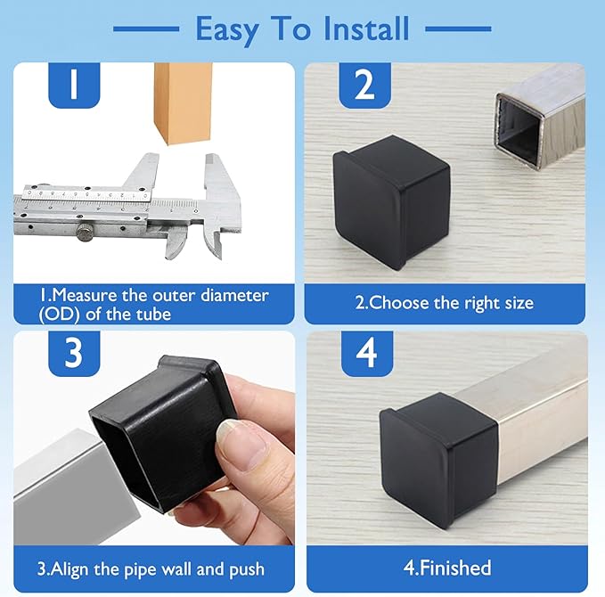 4 Pcs 2-3/8" x 2-3/8" Square Rubber Chair Leg Caps, PVC Table Leg Covers, Flexible & Anti-Slip Furniture Leg End Caps, Chair Leg Floor Protectors for Bar Stool Leg Patio Indoor, Black