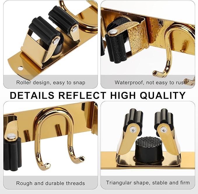Mop Broom Holder Wall Mount, Gold Stainless Steel Tool Storage Organizer for Kitchen Garden Garage Laundry Room Bathroom and RV with 4 Slots 6 Hooks