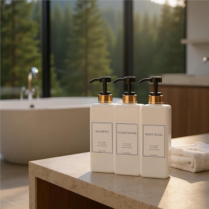 Modern Gold Design Large 27 oz Shampoo and Conditioner Dispensers - Empty Plastic Refillable Pump Bottle Set for Bathroom Shower Soap Dispenser, Set of 3 (Black)