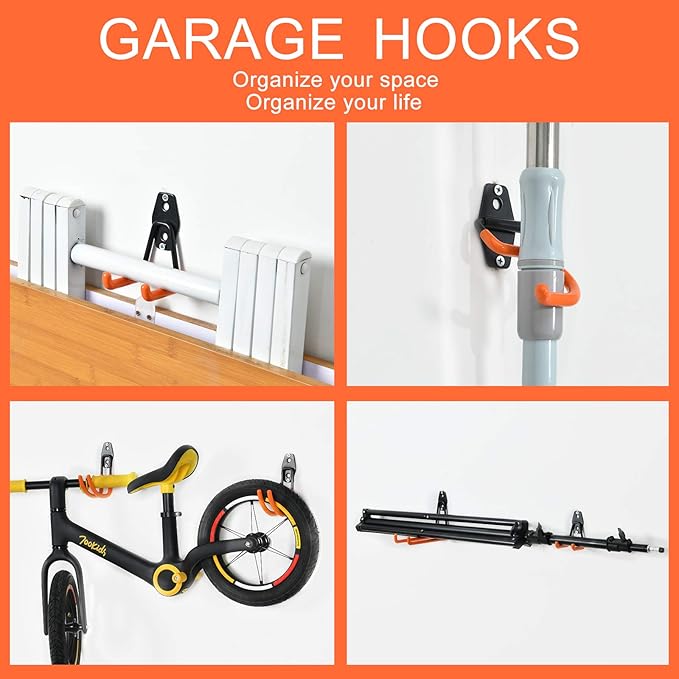 AOBEN Garage Hooks Heavy Duty, Steel Garage Storage Hooks, Utility Tool Hangers and Combinable Wall Mount Garage Hooks for Organizing Ladders, Bikes, Hoses, and More Equipment (Small J, 4 Pack)