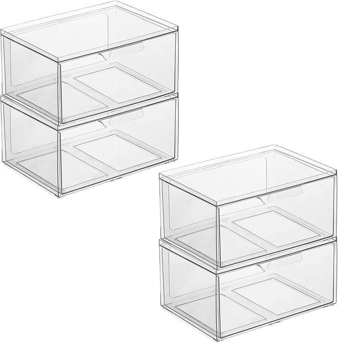 mDesign Plastic Wide Stackable Kitchen Storage Organizer Bin Containers with Front Pull Drawer for Cabinet, Pantry, Fridge, Freezer, Shelf, Refrigerator Organization, Lumiere Collection, 4 Pack, Clear
