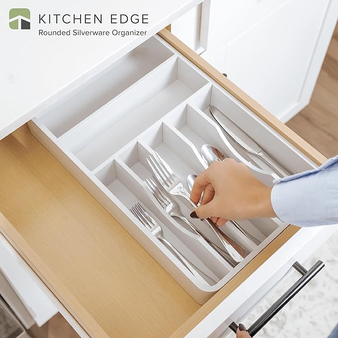 KitchenEdge Silverware Organizer - Cutlery, Flatware, and Utensil Holder for Kitchen Drawers, Fixed 10.5” Width, 7 Storage Compartments, Non-Slip Feet, Rounded Corners, 100% Bamboo, White Finish