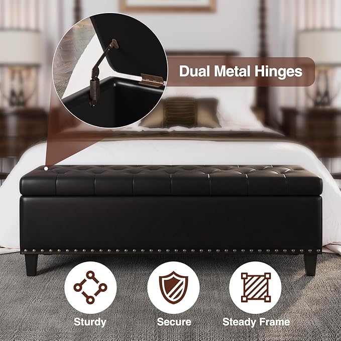 Storage Ottoman Bench, 51-Inch Large Storage Bench for Bedroom End of Bed, 30 Gallons Faux Leather Bench with Storage for Bedroom, Living Room, Entryway, Hallway, Black
