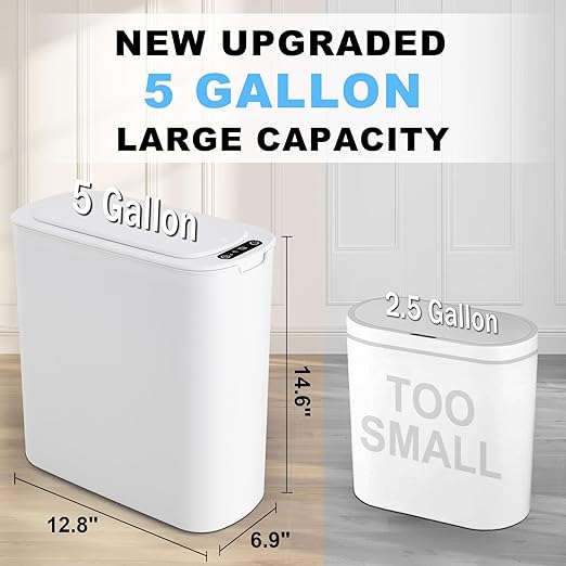 Cesun Motion Sensor Trash Can, 5 Gallon Automatic Bathroom Garbage Can with Lid, Touchless Smart Plastic Slim Wastebasket for Bathroom, Office, rv, Bedroom, Living Room, White