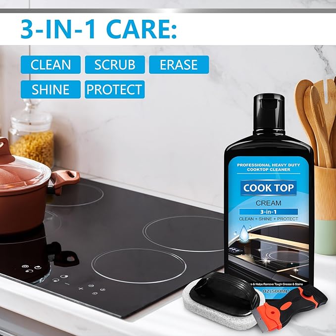 Cooktop and Stove Top Cleaner Kit, Glass Cooktop Cleaner Combo Kit with Razor, Scraper, Scrubbing Pad Removes Tough Stains, Stovetop Cleaner for Glass and Ceramic Surfaces,17OZ