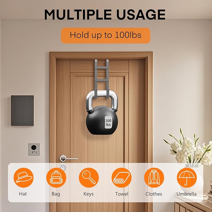 FYY Over The Door Hooks - 2 Pack Heavy Duty Dual-Hook Organizer Hanger with Non-Slip Rubber for Towels, Clothes, Hats & Bags Use in Bathroom, Bedroom, Kitchen - Fits Interior Doors Up to 1.6" Grey