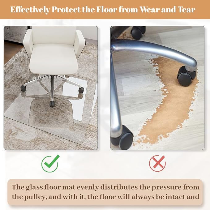 Tempered Glass Floor Mat for Office Chair, 36" x 46" Heavy Duty Hard Office Chair Mat, for Carpeted or Hard Floor, with 4 Anti-Slip Pads, Transparent