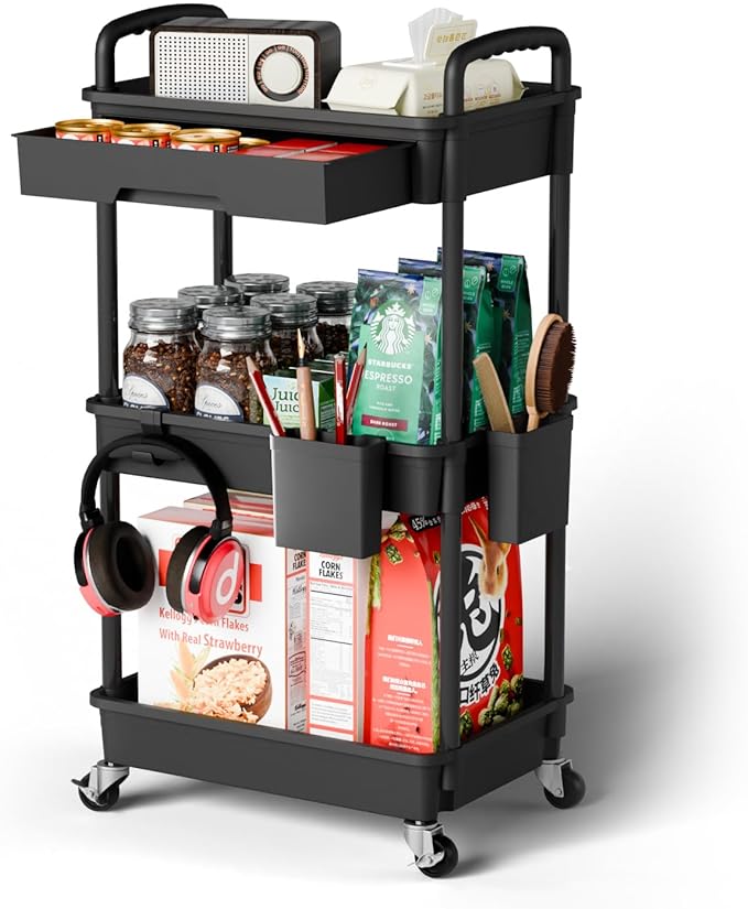3 Tier Rolling Cart Organizer,Laundry Room Bathroom Organizers and Storage Office Shelves Mobile Shelving Unit Kitchen Trolley Cart with Wheels for Art,Craft,Diaper,Bedside,Snack(Black)