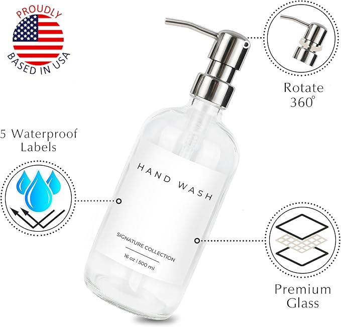 Emerson Essentials Glass Soap Bottle Dispensers, 2 Pack, Stainless-Steel Pumps Rust-Free, Hand Set for Bathroom Kitchen Sink, Liquid Lotion Shampoo Jars with 4 Waterproof Labels, 16 Oz Chrome