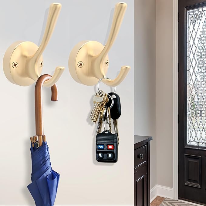Gold Coat Hooks for Wall, 2 Pack Heavy Duty Towel Robe Hooks, Hats Hooks for Entryway Cubicle Closet Mudroom Bathroom Garage