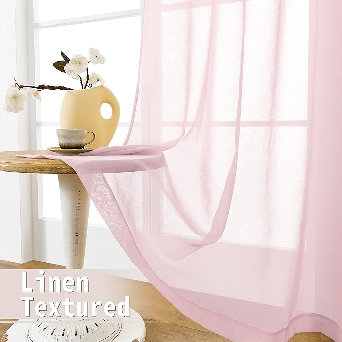 Tollpiz Sheer Door Curtain Closet Linen Textured Curtain Sheers Doorway Light Filtering Voile French Door Rod Pocket Curtains Patio Glass Door, 25 x 80 inches Long, Pink, Set of 1 Panel
