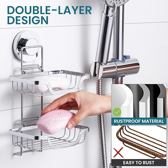 TAILI Double Layer Soap Dish Holder, Bar Soap Tray Suction Cup for Shower Wall, Draining for Bathroom, Rustproof Stainless Steel Sponge Holder for Tub, Kitchen, Drill-Free, Silver
