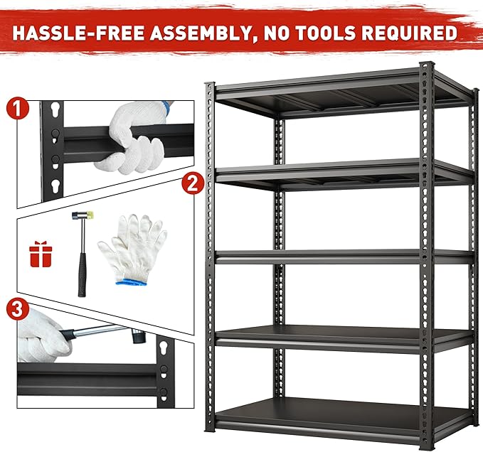 REIBII 72" H Garage Shelving Load 2500 LBS, Heavy Duty Storage Shelves, 5-Tier Adjustable Garage Shelves for Warehouse, Basement, 72" H x36 W x18 D, Black
