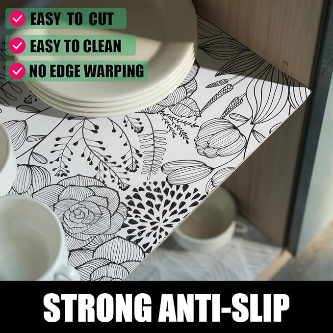 Floral Drawer and Shelf Liner for Kitchen 16IN x 10FT, Non-Adhesive and Strong Non-Slip Cabinet Drawer Liners, Waterproof Thickened Shelf Liner,Easy to Clean,Black and White