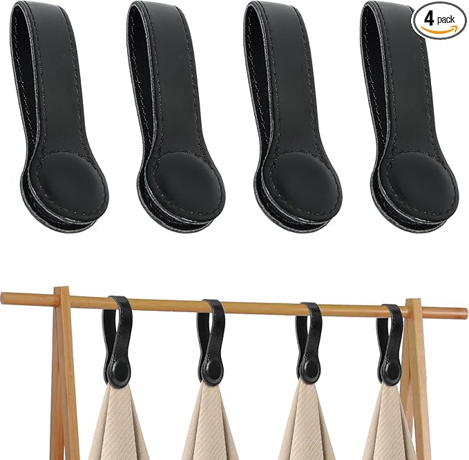 4 PCS Genuine Leather Towel Clips for Kitchen, Magnetic Hand Clips, Towel Holder with Magnet for Rods and Racks, Bathroom Accessory (Black)
