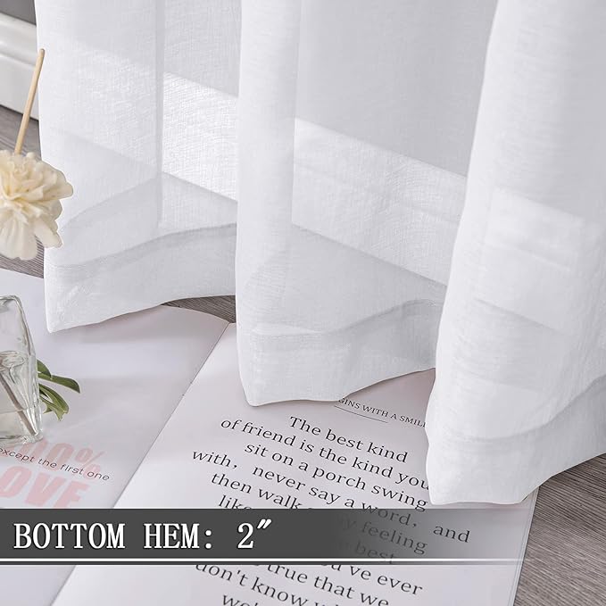 Tollpiz Sheer Curtains Linen Textured Bedroom Curtain Sheers Light Filtering Rod Pocket Voile Curtains for Living Room, 54 x 63 inches Long, White, Set of 2 Panels