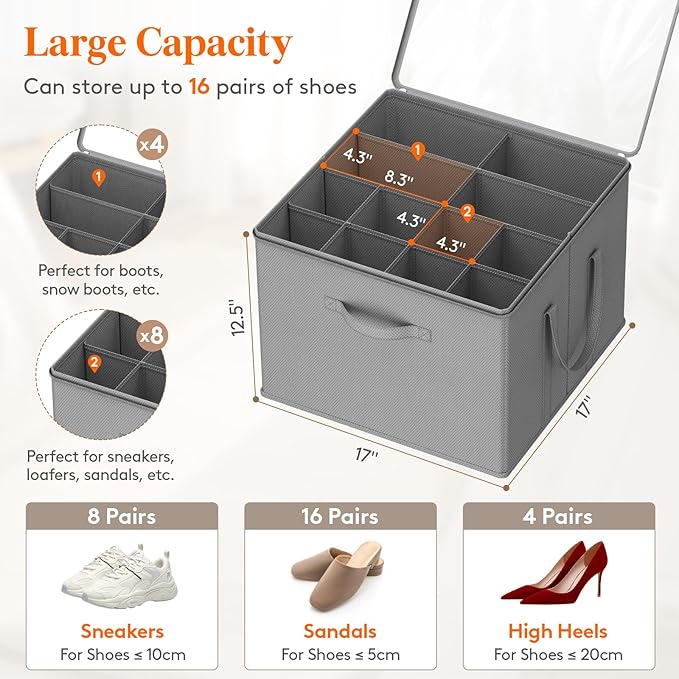 Lifewit Shoe Storage Organizer for Closet Fits 12-16 Pairs, Fabric Large Shoe Box Storage Containers with Clear Cover, Foldable Bins Fit for Boots Sneakers 17"(L) x 17"(W) x 12.5"(H) 2 Pack Light Gray