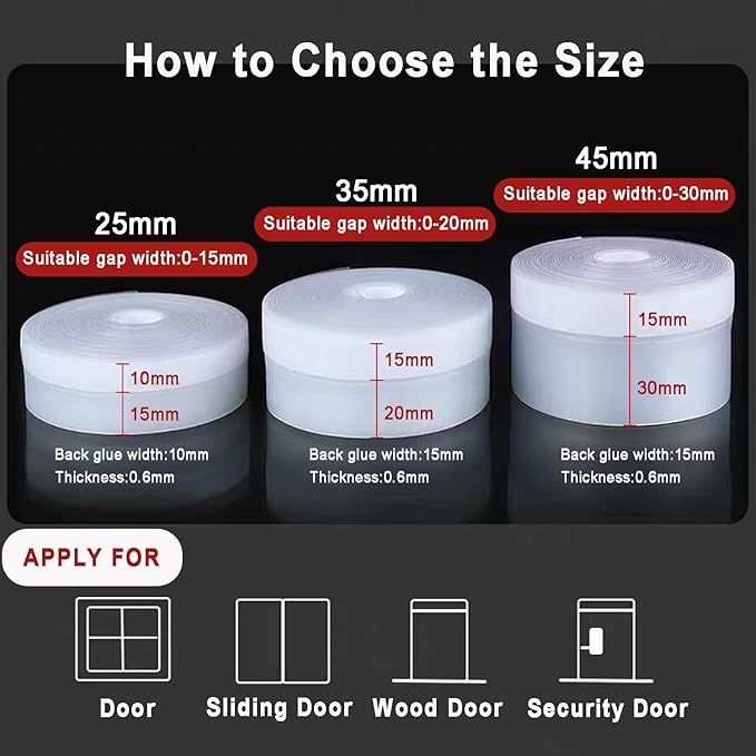Upgraded 49.2FT Silicone Weather Stripping Door Seal, No Residue Glass Shower Door Seal Strip Under Door Draft Stopper Silicone Sealing Tape for Doors Windows Shower Glass Gap,Transparent,35MM