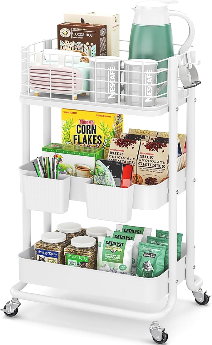 KINGRACK 3 Tier Rolling Cart, Metal Mobile Storage Shelf with Lockable Wheels, Prevent Falling Utility Trolley Cart, Storage Organizer for Kitchen, Office, Bathroom, Dorm, White