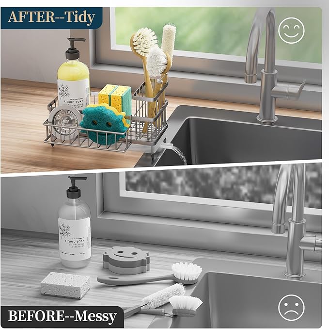 Consuemst Sponge Holder for Kitchen Sink - Auto Draining Sink Caddy Organizer with Detachable Rack, High Brush Holder, Kitchen Countertop Storage Accessories, Sand Nickel