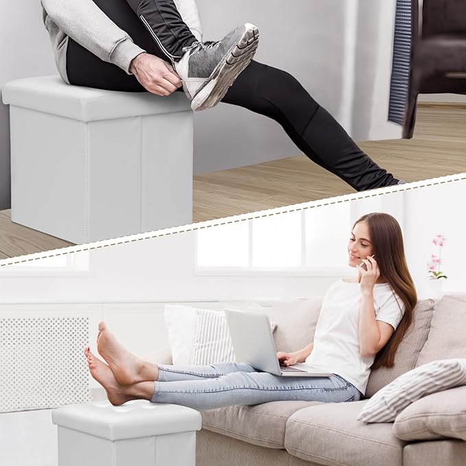 Athena Collection 15" Storage Ottoman Bench Folding Bench with 40L Hidden Storage, Small Cube Ottoman PU Leather Foot Rest Stool Chest with Flipping Lid for Living Room, Bedroom, Entryway, White