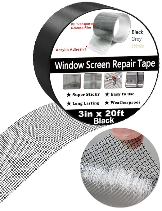 Wohohoho Window Screen Repair Tape, 3 in X 20 FT (240IN) Black Screen Patch Repair Kit, 3-Layer Strong Adhesive Invisible Screen Tape Mesh Repair for Windows, Doors Garage Mosquito Net Magnetic Screen