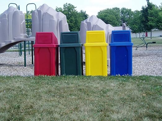 32 Gallon Square 100% Recycled Plastic Heavy Duty Outdoor Trash Can with Push Lid - Great for Schools and Businesses - Light Granite