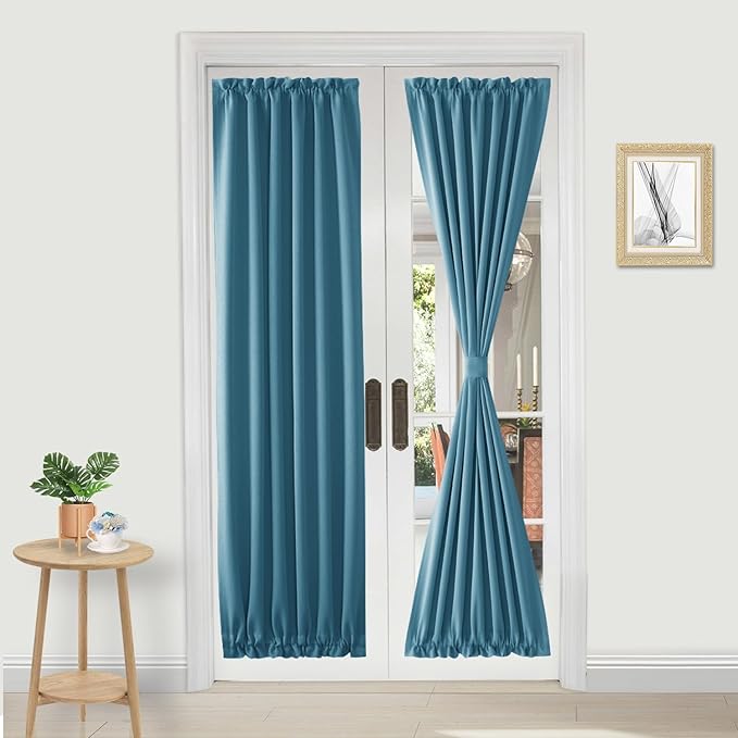 DWCN French Door Curtains – Rod Pocket Thermal Blackout Curtain for Window/Patio Doors/Doorways/Classroom/Kitchen for Privacy, 25W by 72L Inches, 1 Panel with Tieback, Stone Blue