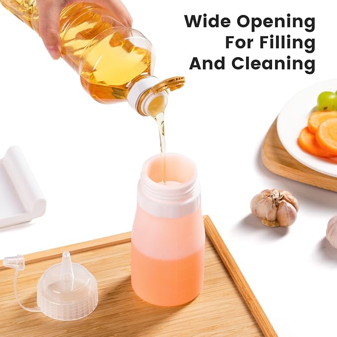 Condiment Squeeze Bottles, 12 oz Silicone Squeeze Bottles For Sauces, Leak Proof Condiment Containers with Extra Interchangeable lid, Easy Squeeze for Oil, Honey & Dressings, BPA FREE (4 Pack)