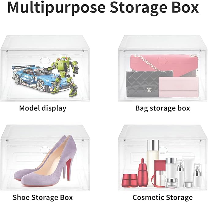 Large Shoe Boxes Clear Plastic Stackable, 8 Pack Drop Side Shoe Storage Organizer with Magnetic Door, Shoe Container Sneaker Storage Display Case Fit up to US Size 13 CLEAR