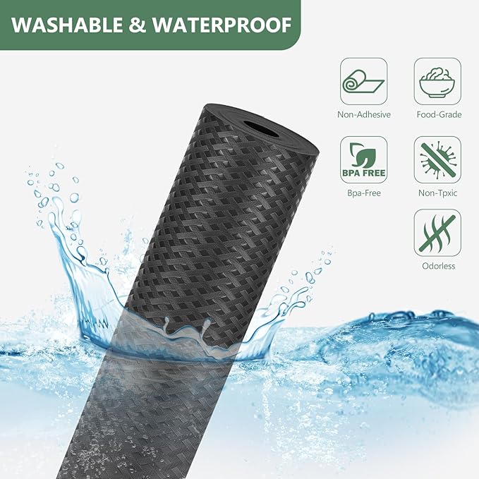 Shelf Liners, Non-Adhesive Drawer Liner, Waterproof & Oil-Proof Kitchen Cabinet Cupboard Liner Plastic EVA Material BPA Free Fridge Liner Mats Paper Protector for Shelves (Black/12in x 240in)