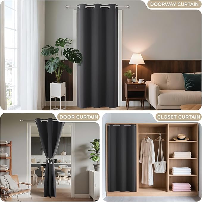 Joydeco Blackout Door Curtain for Doorway Privacy 108 Inches Long, Grommet Closet Curtain for Open Closet, Room Divider for Bedroom Living Room (Grey, 52Wx108L, 1 Panel)