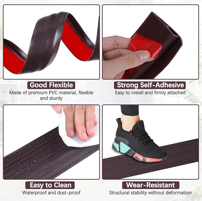 Vinyl Door Threshold Flooring Transition Strip Self Adhesive Carpet Edging Strip for Laminate Doorway Edge Threshold from 2/5" to 3/5" (Black Walnut Wood Grain, 10 Ft)