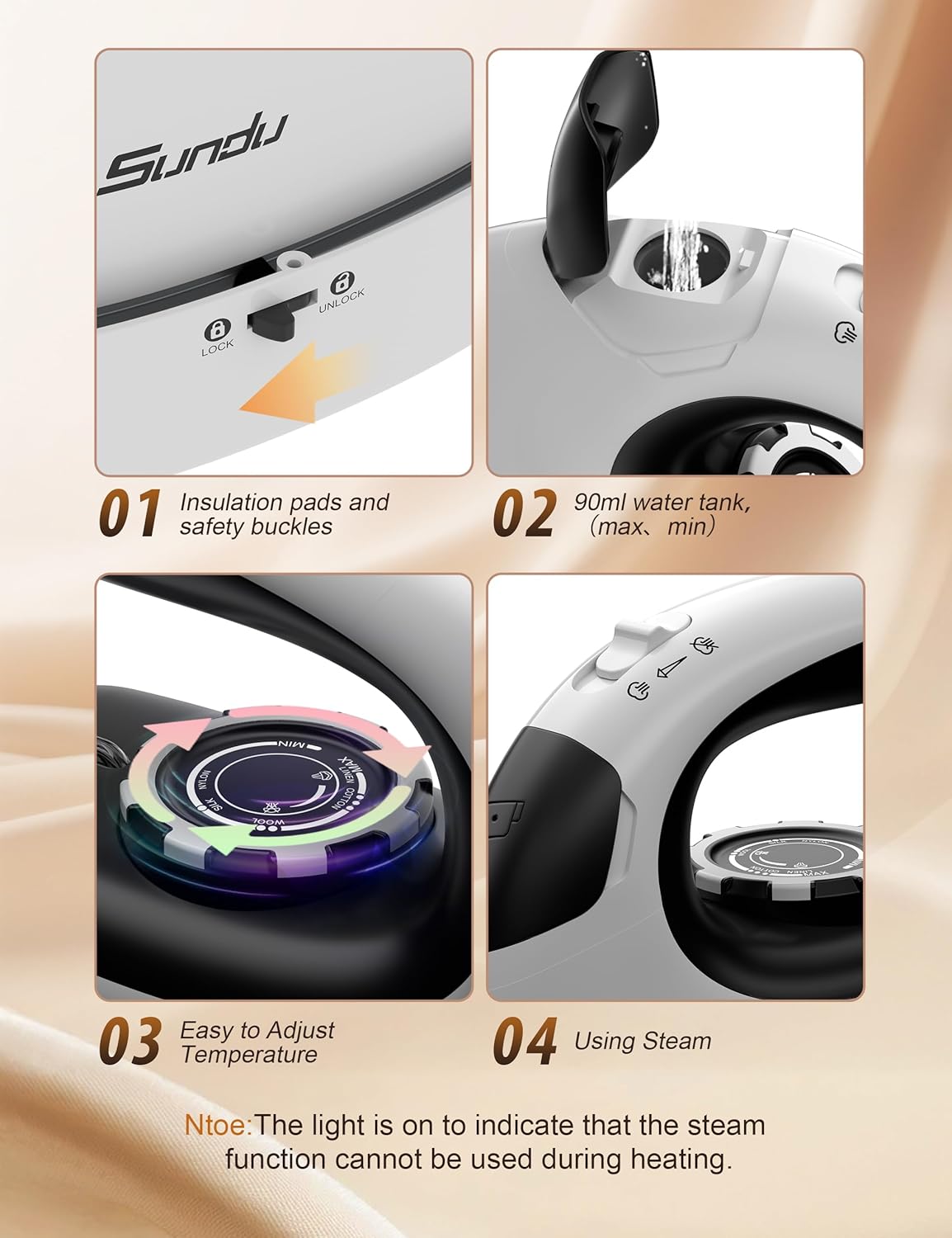 Sundu Mini Steam Iron, Mini Travel Steam Iron, Small Portable Clothes Mini Iron with Rotary Temperature Control, Safety Base for Travel, Quilting & Sewing | Mini Iron for Sewing, White