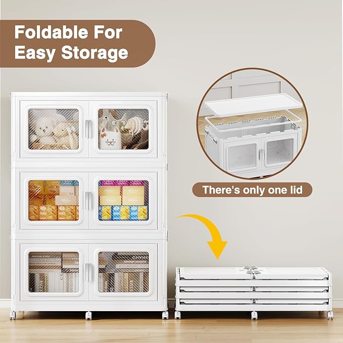 BROVIEW 900 Qt Stackable Storage Bin with Lid, 225Gal Extra Large Collapsible Storage Boxes, Folding Plastic Drawer, Heavy-Duty Store Cabinet, Closet Organizer for Home Kitchen, 3 Pack White