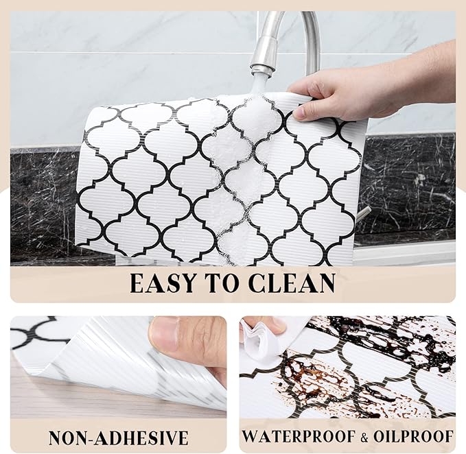 Glotoch 17.5"X 96" Shelf Liners for Kitchen Cabinets-Non Adhesive Cabinet Liners for Shelves, Waterproof Drawer Liner for Kitchen Fridge/Wire Shelf/Bathroom, Pantry, Durable, Non Slip, White And Balck