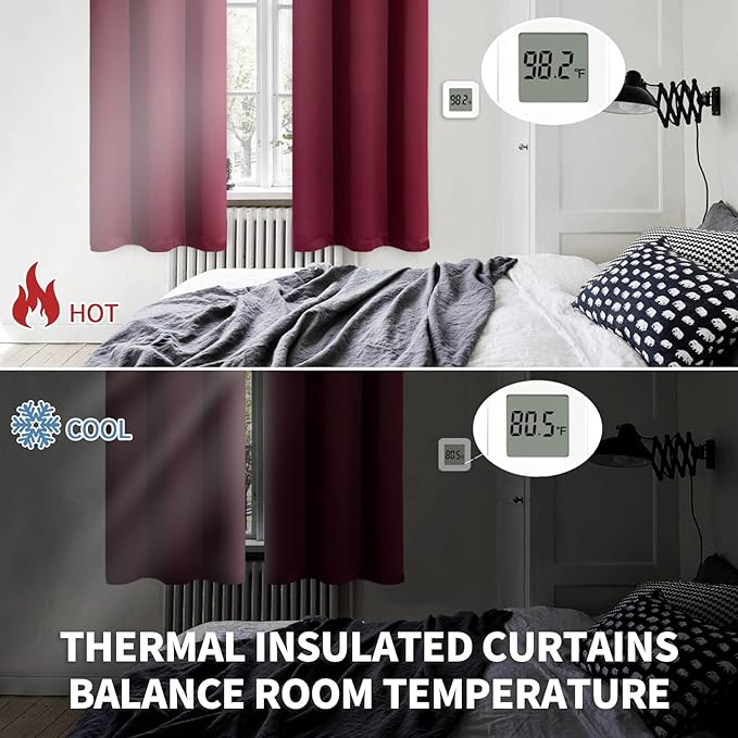 BGment Burgundy Blackout Curtains 63 Inch Length for Bedroom - Rod Pocket Thermal Insulated Room Darkening Curtain for Living Room, 42 x 63 Inch, 2 Panels