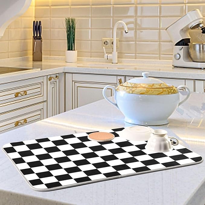 Black White Chessboard Dish Drying Mat for Kitchen Countertop 18x24 Plaid Checkered Rectangle Large Drying Mat Reusable Quick Dry Dish Sink Absorbent Mats Easy Clean Decorative Home Essentials