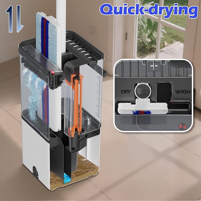 Mop and Bucket Set,Midyb Flat Mops and Bucket System with 2 Microfiber Pads,Mop and Bucket with Wringer Set,Automatic Separates Dirty and Clean Water,Wet and Dry Use Mops for Floor Cleaning
