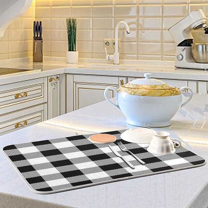 White and Black Buffalo Plaid Dish Drying Mat 16x18 for Kitchen Classic Buffalo Check Dishes Pad Dish Drainer Rack Mats Absorbent Fast Dry Kitchen Accessories