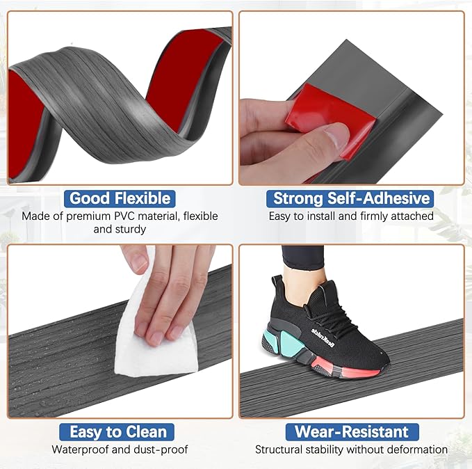 Vinyl Door Threshold Flooring Transition Strip Self Adhesive Carpet Edging Strip for Laminate Doorway Edge Threshold from 1/5" to 2/5" (Dark Gray Wood Grain, 3.3 Ft)