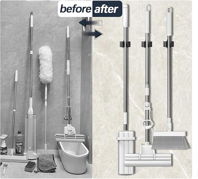 3-H Stainless Steel Broom Holder Wall Mount 6-Pack- Heavy Duty Mop Organizer, Wall Mounted Broom Storage with Secure Mounting for Kitchen Laundry Garage Bathroom (Space Saving)