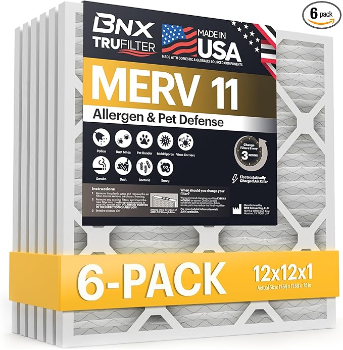 BNX TruFilter 12x12x1 Air Filter MERV 11 (6-Pack) - MADE IN USA - Allergen Defense Electrostatic Pleated Air Conditioner HVAC AC Furnace Filters for Allergies, Dust, Pet, Smoke, Allergy MPR 1200 FPR 7