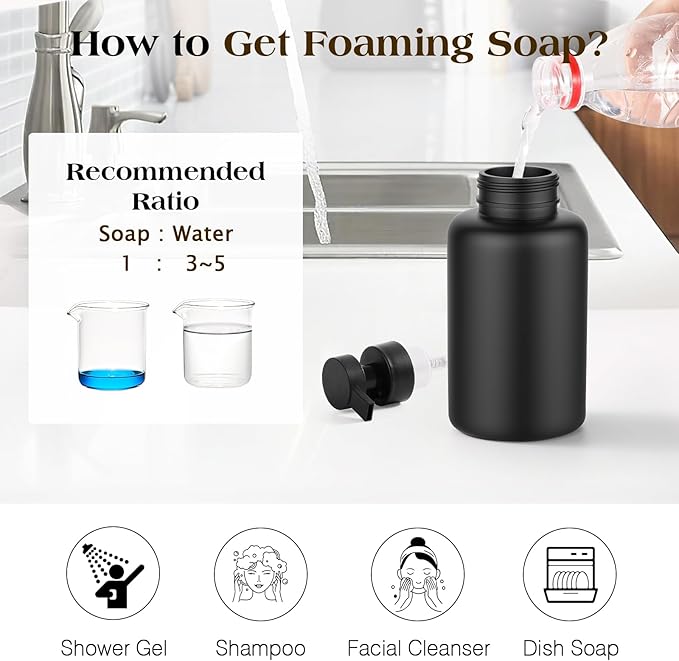 Luxspire Foaming Soap Dispenser, Glass Foam Pump Soap Dispenser, Non-Slip Hand Soap Dispenser with 5 Waterproof Labels, 15 Oz Refillable Liquid Soap Dispenser for Bathroom & Kitchen, Black, 1 Pack