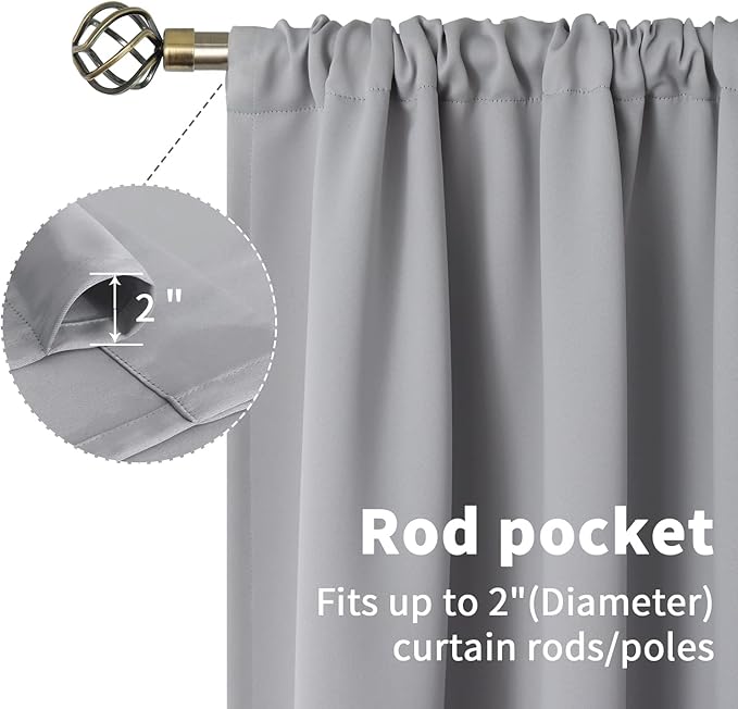 BGment Rod Pocket Blackout Curtains for Bedroom - Thermal Insulated Room Darkening Curtain for Living Room, 52 x 72 Inch, 2 Panels, Light Grey
