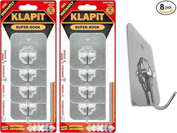 KLAPiT Super Hook - Heavy-Duty Adhesive Wall Hooks, Holds Up to 11 lbs, Waterproof, No Damage, Easy Install on Tile, Wood, Stone, Glass & Metal - Made of Steel (Silver, 8pc)