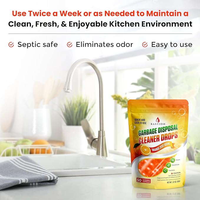 Bastion Garbage Disposal Cleaner and Deodorizer Drops- [[50-Count]] Orange Zest Scented Kitchen Sink Freshener Pods & Drain Odor Eliminator Disposer Care Balls