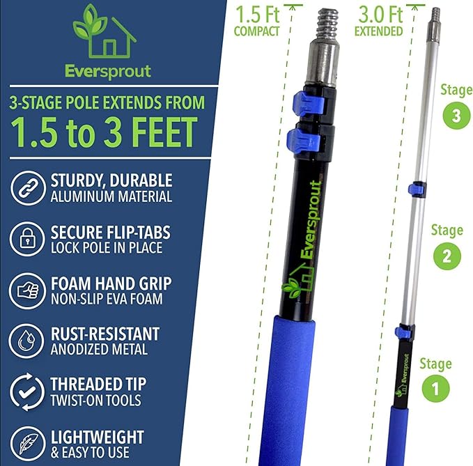 EVERSPROUT 3 Foot Flexible Microfiber Ceiling & Fan Duster | Bendable to Clean Any Fan Blade | Removable & Washable Brush Head | 3-Stage Lightweight Aluminum Extension Pole