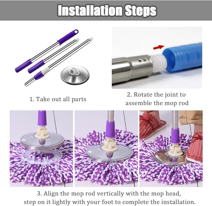Extended Spin Mop Replacement Mop Handle, Upgraded 60-inch 360 Degrees Rotating Telescopic Replacement Mop Stick for Spin Mop Bucket Cleaning System (Stainless Steel Disc, Purple)