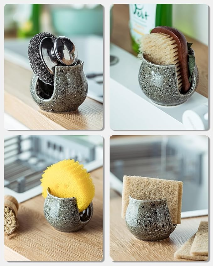 Ceramic Sponge Holder, Kitchen Sponge Holder Sink Caddy Organizer Dish Rack for Kitchen Sink Suction, Bathroom, Brush, Special Gray